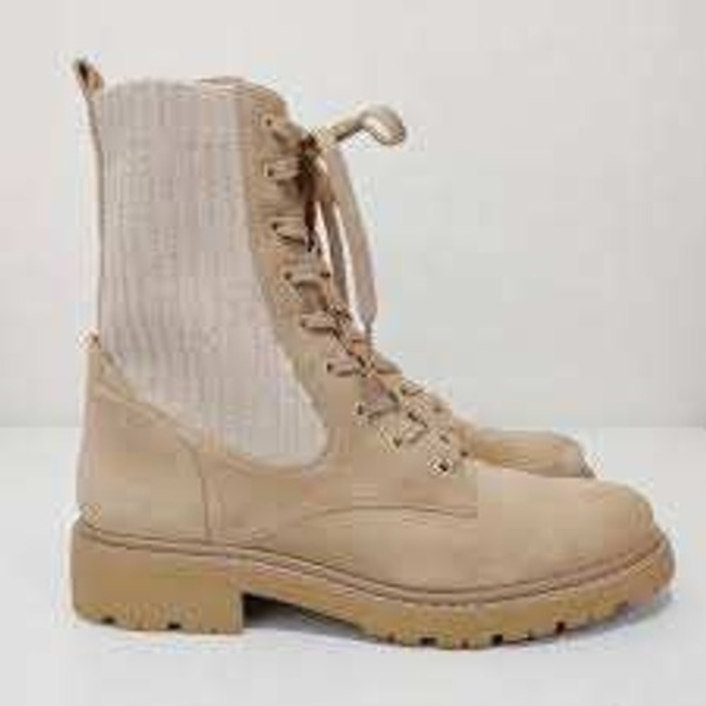 Sam Edelman Lydell Suede Knit Combat Boots Sesame Beige Lug Sole Womens 8M